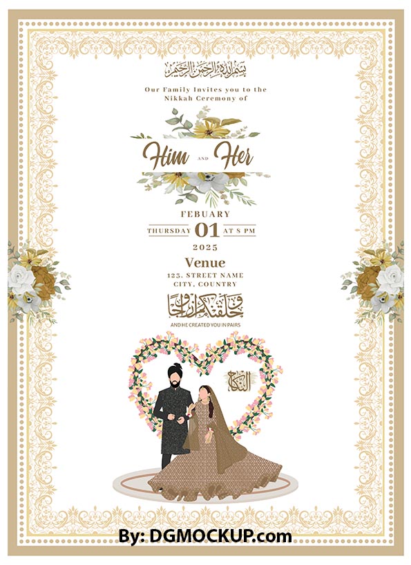 Muslim Nikkah Invitation Card with Bride & Groom Illustration Preview