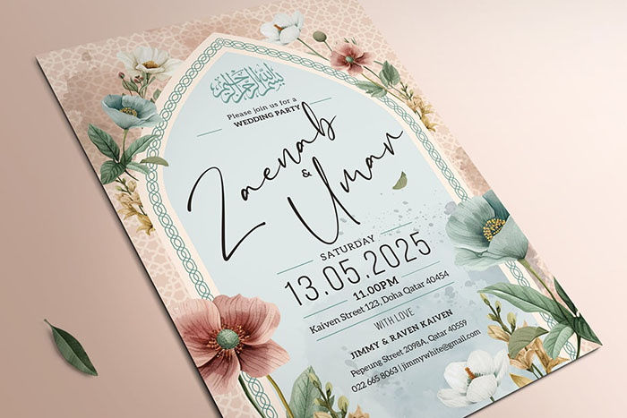 Islamic Flower Wedding Invitation PSD Templates