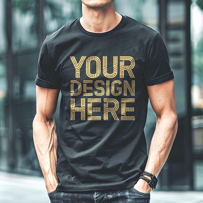 Young Man Wearing Casual Black T-Shirt PSD Mockup