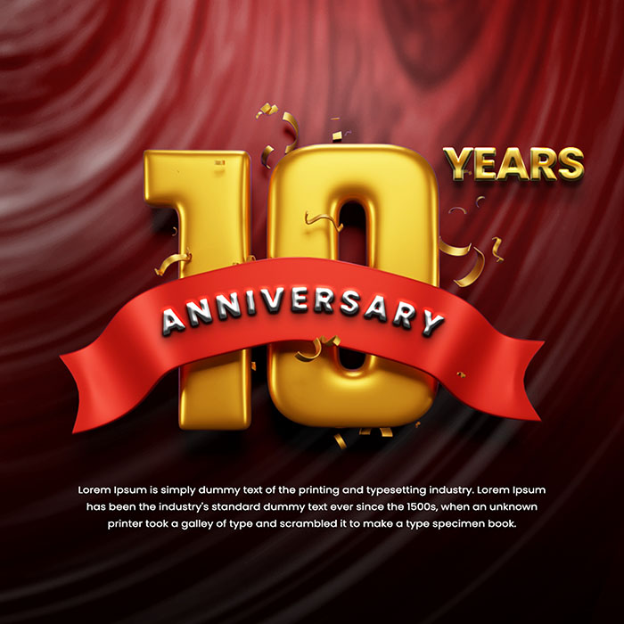 10 Anniversary Celebration with Ribbon Confetti Gold PSD Template