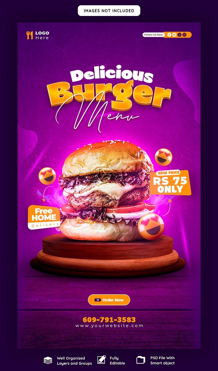 Delicious Burger Food Menu Instagram and Facebook Free PSD