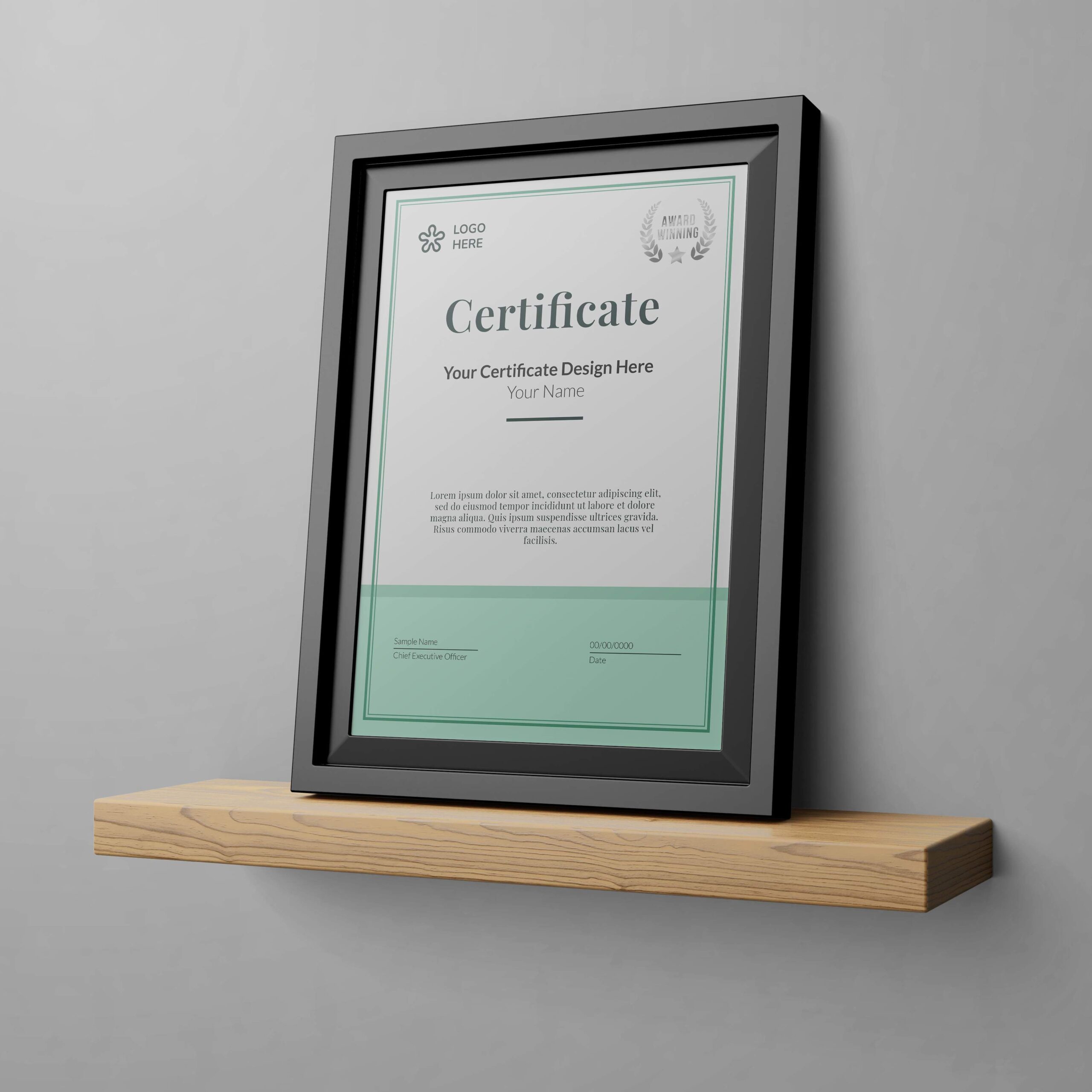 Elegant Certificate Frame Mockup Placed on Wooden Shelf