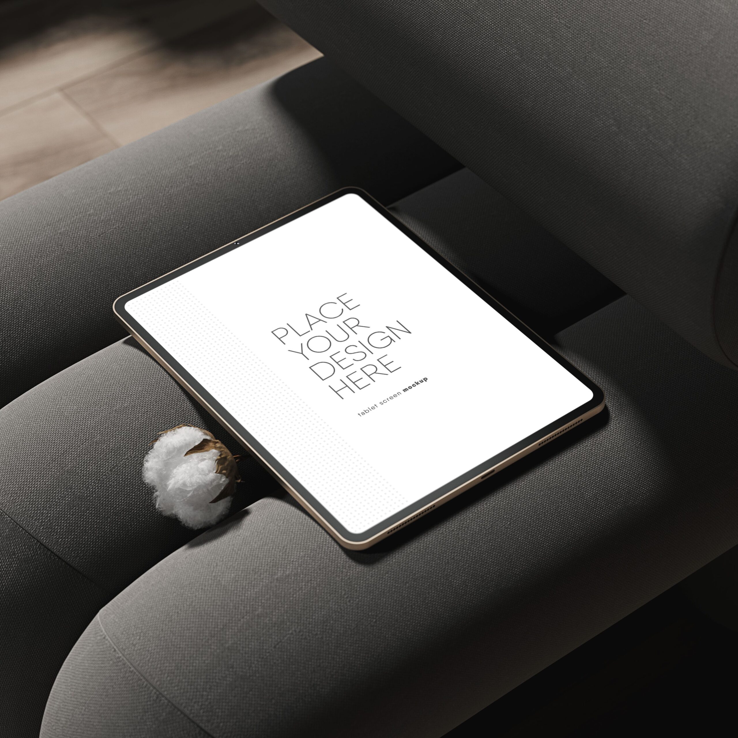 Free Tablet PSD Mockup – Elegant Screen Display on Modern Sofa