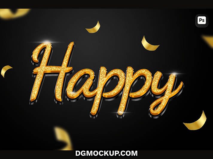 dgmockup.com Golden Glitter Happy Text Style PSD on Black Sparkling