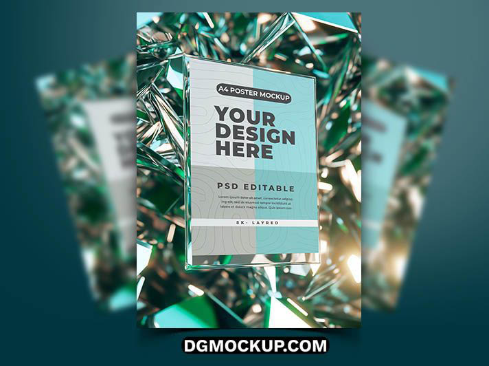 Modern A4 Poster Mockup with 3D Glass Background Free PSD