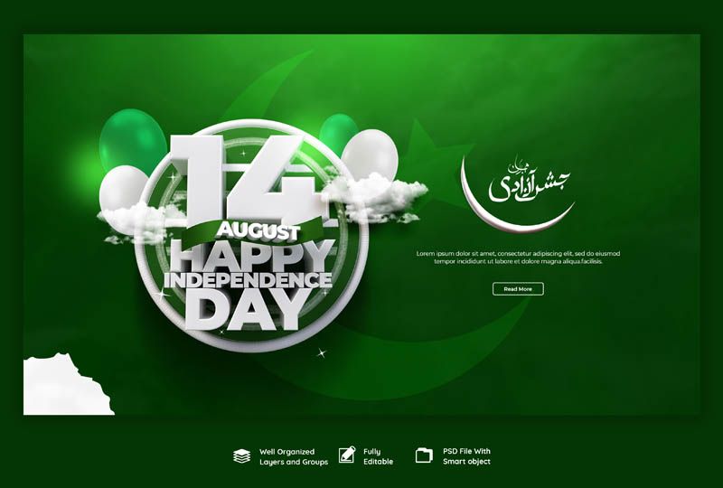 14 August Jashn e Azadi Mubarak Banner with Balloons Free PSD