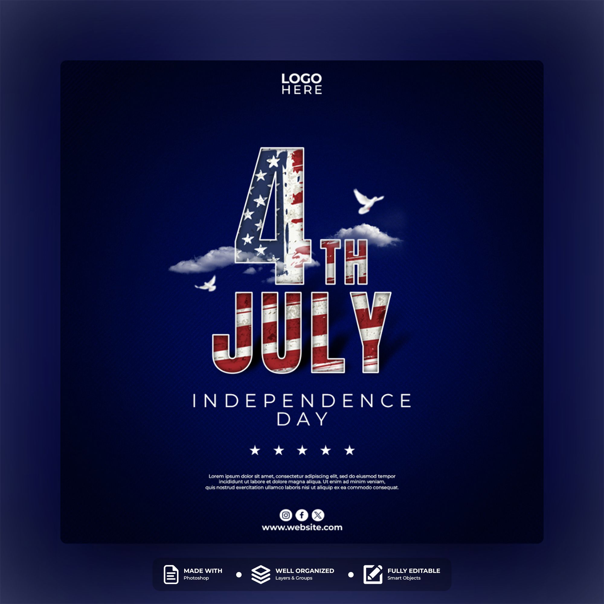 dgmockup.com 4th of July PSD Flyer with USA Flag Typography and Cloud Background