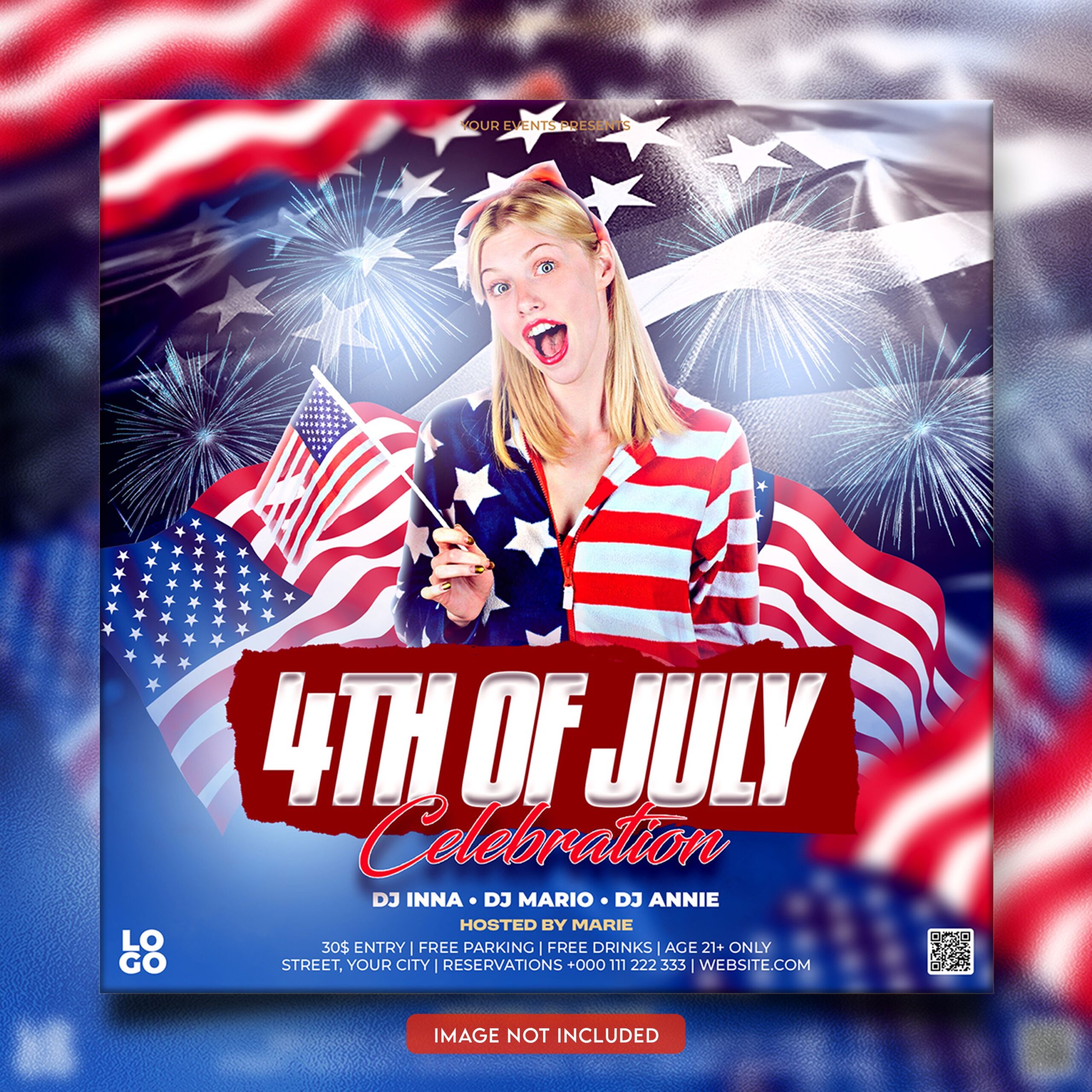 4th of July Party Flyer PSD with USA Flag & Fireworks Theme