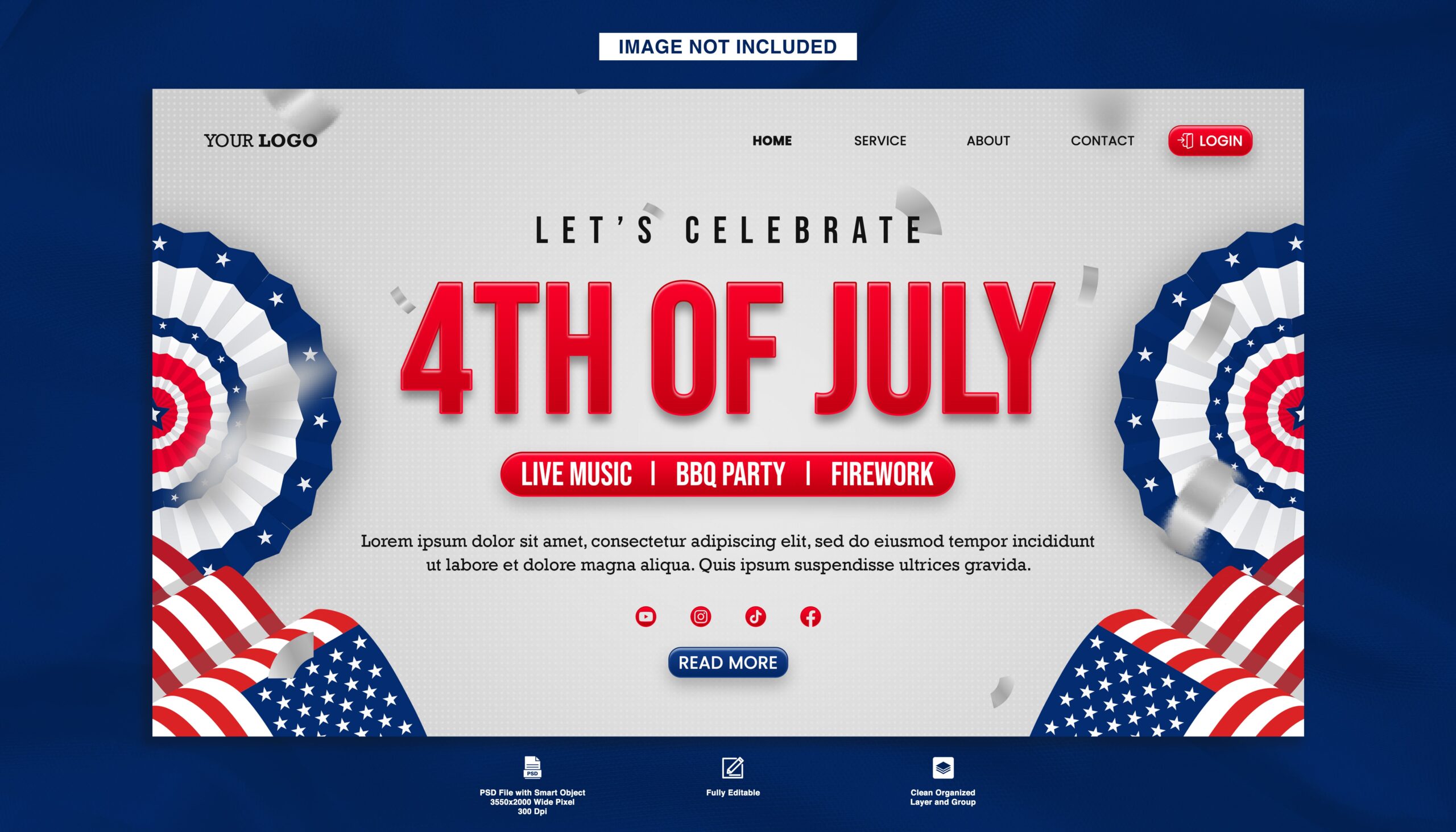 4th of July Website Header PSD with USA Flag & Celebration