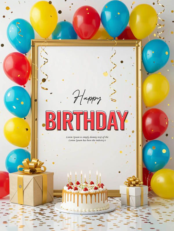 Birthday Photo Frame Mockup with Cake & Balloons Free PSD