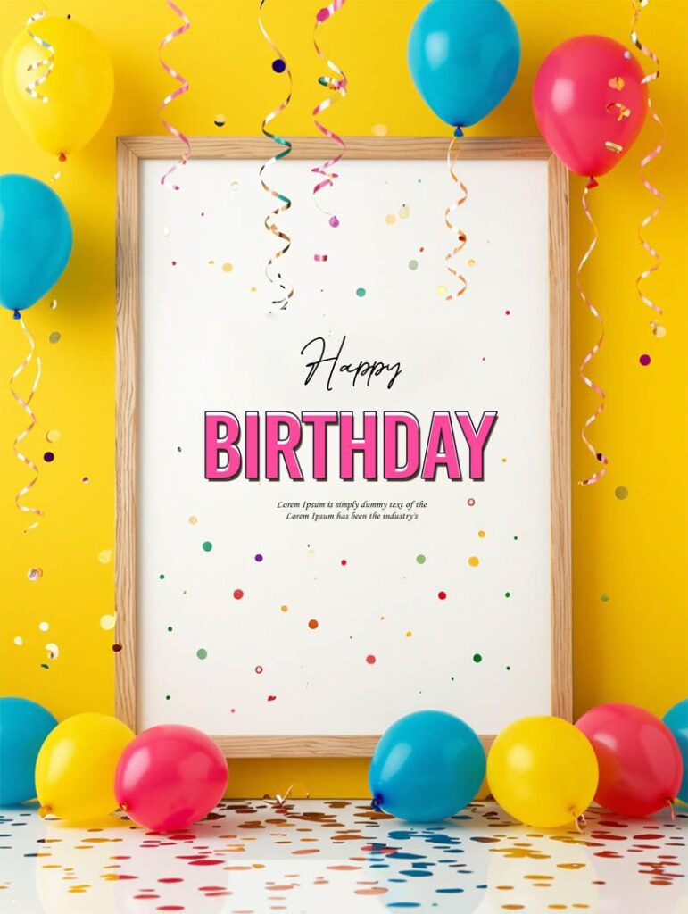 Birthday Photo Frame Mockup with Colorful Balloons PSD File