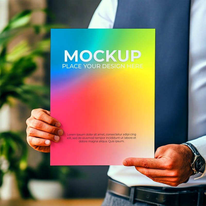 Man Holding A4 Flyer Free PSD Mockup