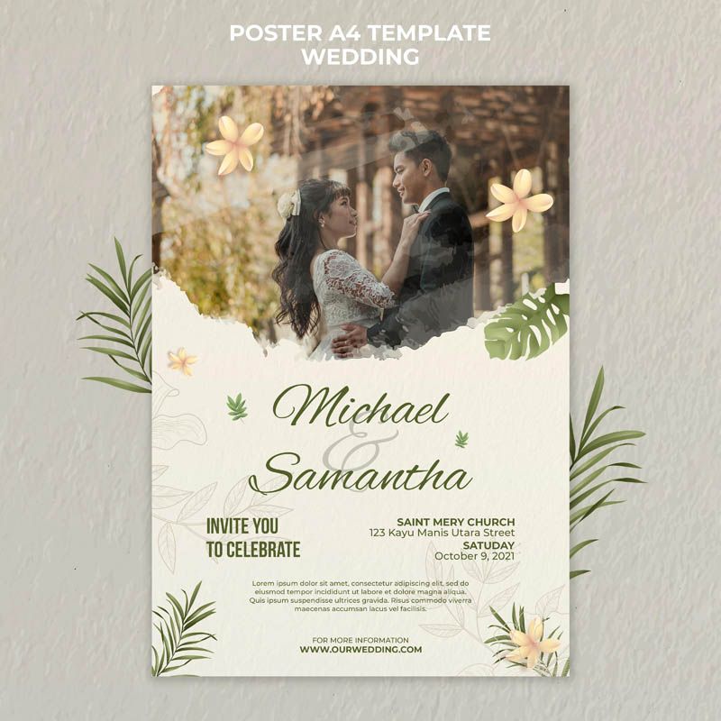 Modern Botanical Wedding Invitation Template with Photo Free